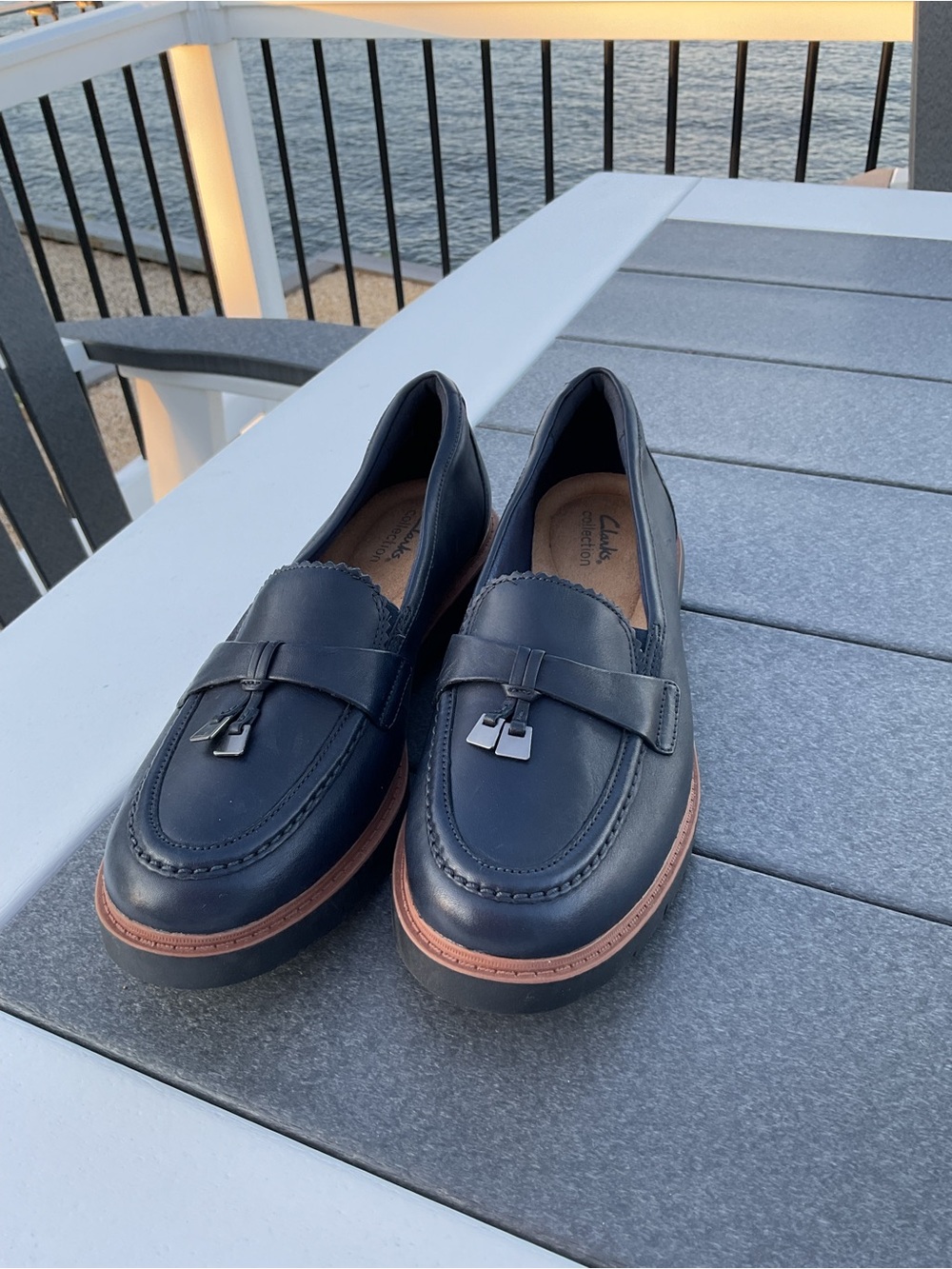 Clarks Navy Leather Tassel-Accent Penny Loafers